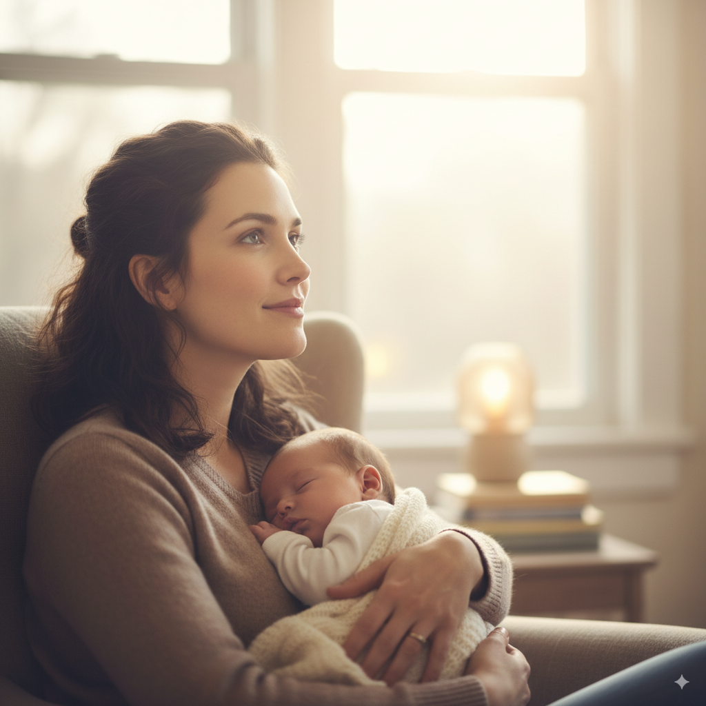 lady looking up holding baby